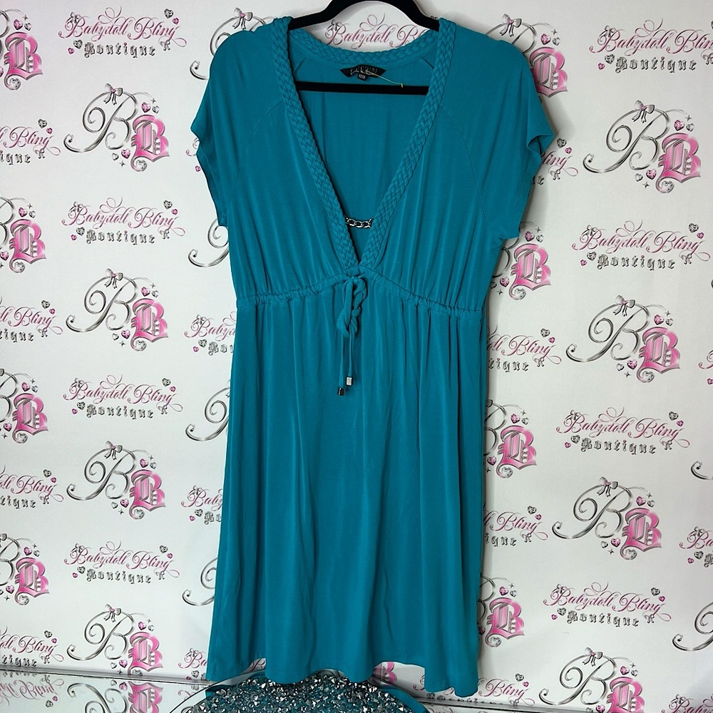 Original Nicole miller dress chain link detail braided Teal Short Sleeve Dress